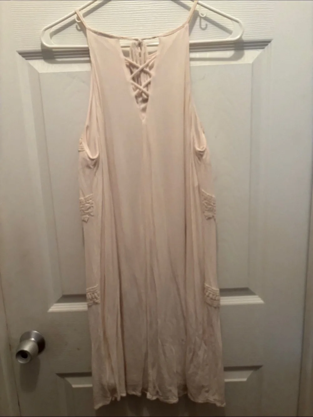 Cream colored Crochet-Trim Halter Sundress